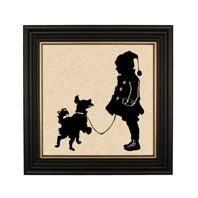 Framed Paper Cut Silhouette, Boy & Dog Winter Walk, Black Wood Frame - image 1