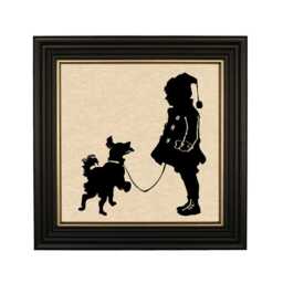 Framed Paper Cut Silhouette, Boy & Dog Winter Walk, Black Wood Frame - thumbnail 1