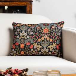 Morris Style Leaves & Berries Boudoir Cushion in Deep Black. Signature Tapestry Fabric. 17x12 - thumbnail 1