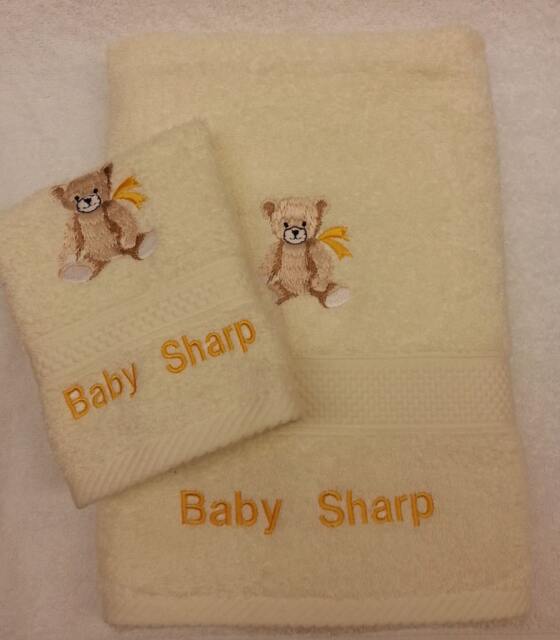 Personalised Towel Set Birthday Gift Present Hand & Face Cloth Any Name Embroidered Flannel Baby Girl Birth - Teddy Yellow Bow