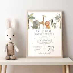 Personalised Baby Birth Stats Print New Keepsake Gift, Safari Animal Nursery Decor - thumbnail 3