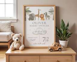 Personalised Baby Birth Stats Print New Keepsake Gift, Safari Animal Nursery Decor - thumbnail 1