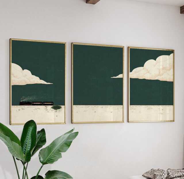 Minimalist Steam Train Poster Set - Dark Green Landscape Wall Art 3 Piece Triptych Print - image 1