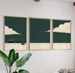Minimalist Steam Train Poster Set - Dark Green Landscape Wall Art 3 Piece Triptych Print - thumbnail 1