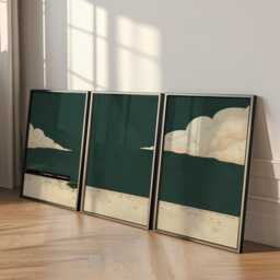 Minimalist Steam Train Poster Set - Dark Green Landscape Wall Art 3 Piece Triptych Print - thumbnail 3
