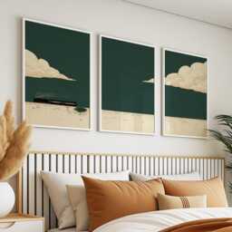 Minimalist Steam Train Poster Set - Dark Green Landscape Wall Art 3 Piece Triptych Print - thumbnail 2