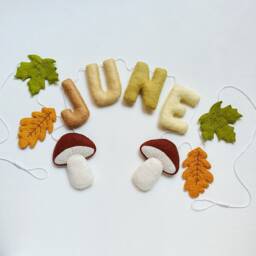 Mushrooms & Fall Leaves Felt Name Garland, Personalized Woodland Nursery Wall Decor, Forest Banner - thumbnail 1