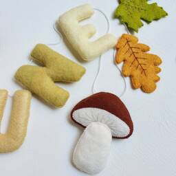 Mushrooms & Fall Leaves Felt Name Garland, Personalized Woodland Nursery Wall Decor, Forest Banner - thumbnail 4