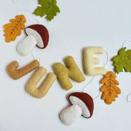 Mushrooms & Fall Leaves Felt Name Garland, Personalized Woodland Nursery Wall Decor, Forest Banner - thumbnail 2