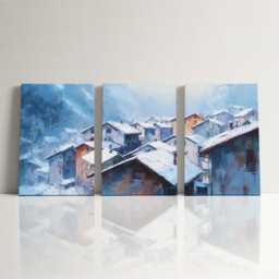 Swiss Alps Village 3 Panel Split Canvas Wall Art Snow Rooftops Winter Mountain Landscape Oil Painting Framed Home Decor Gift - thumbnail 3