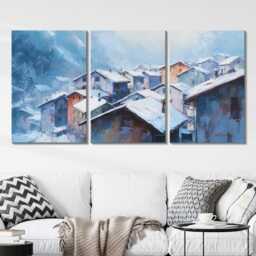 Swiss Alps Village 3 Panel Split Canvas Wall Art Snow Rooftops Winter Mountain Landscape Oil Painting Framed Home Decor Gift - thumbnail 2