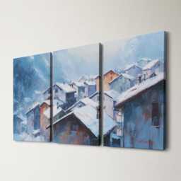 Swiss Alps Village 3 Panel Split Canvas Wall Art Snow Rooftops Winter Mountain Landscape Oil Painting Framed Home Decor Gift