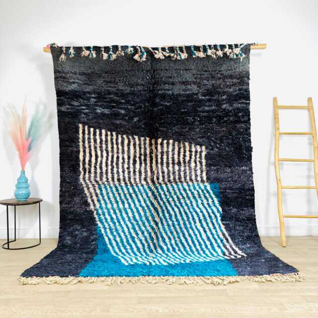 Authentic Black Moroccan Rug, & Blue Shag Custom Made Carpet, Large Area Berber Rug - image 1