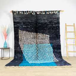 Authentic Black Moroccan Rug, & Blue Shag Custom Made Carpet, Large Area Berber Rug