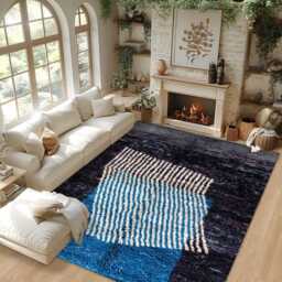 Authentic Black Moroccan Rug, & Blue Shag Custom Made Carpet, Large Area Berber Rug - thumbnail 3