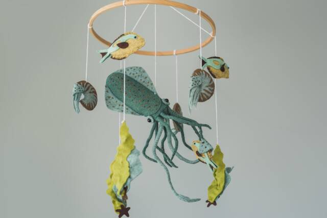 Ocean Mobile For Crib Squid Nautical Nursery Decor Baby Shower Gift Felt Cot Sea Creautures Minimalistic - image 1