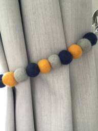 Felt Ball Curtain Tie Back Navy, Mustard, & Grey