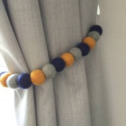 Felt Ball Curtain Tie Back Navy, Mustard, & Grey - thumbnail 3