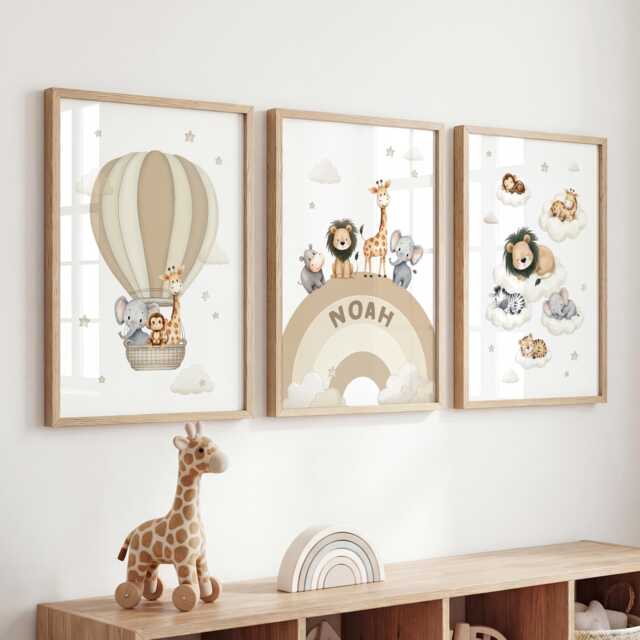 Safari Nursery Wall Art Set Of 3 Prints, Neutral Jungle Animals Decor, Personalised Name Rainbow Poster, Baby Boy Room Gift - image 1