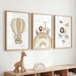 Safari Nursery Wall Art Set Of 3 Prints, Neutral Jungle Animals Decor, Personalised Name Rainbow Poster, Baby Boy Room Gift