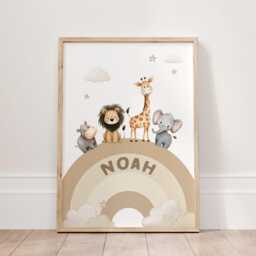Safari Nursery Wall Art Set Of 3 Prints, Neutral Jungle Animals Decor, Personalised Name Rainbow Poster, Baby Boy Room Gift - thumbnail 2