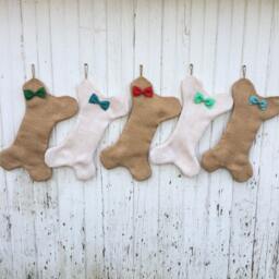 Burlap Dog Bone Christmas Stocking With Bow/Bow Tie - Puppy/Dog Stocking-Personalize Letter/Custom Colors-Rustic/Shabby Chic//Natural