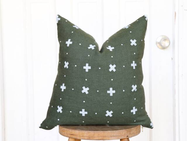 Green Boho Throw Pillow Cover White Linen Minimalist Handprinted Decor - image 1