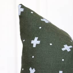 Green Boho Throw Pillow Cover White Linen Minimalist Handprinted Decor - thumbnail 3