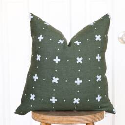 Green Boho Throw Pillow Cover White Linen Minimalist Handprinted Decor - thumbnail 2