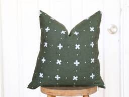 Green Boho Throw Pillow Cover White Linen Minimalist Handprinted Decor - thumbnail 1