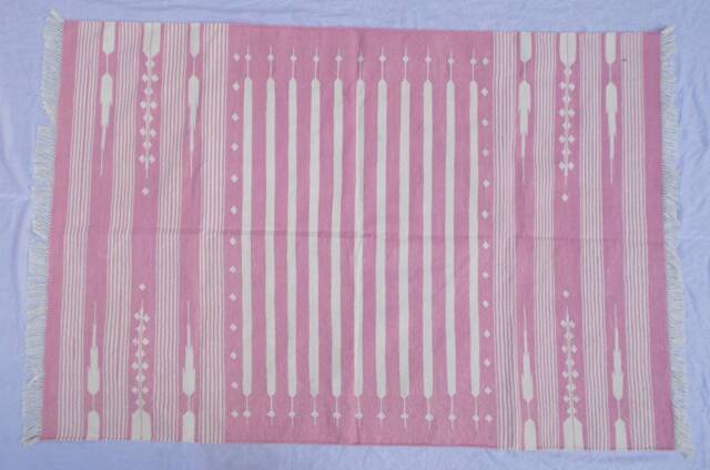 4x6 Light Pink & White Strips Cotton Rug Dhurrie - Stripes - image 1
