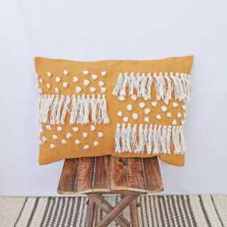 Mustard Yellow White Tassel Pillow Cover - Tufted Textured Handmade Cotton Embroidered Fringe Cushion Lumber Throw - thumbnail 3