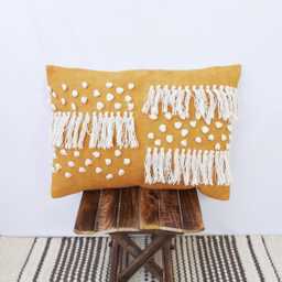 Mustard Yellow White Tassel Pillow Cover - Tufted Textured Handmade Cotton Embroidered Fringe Cushion Lumber Throw - thumbnail 1