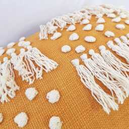 Mustard Yellow White Tassel Pillow Cover - Tufted Textured Handmade Cotton Embroidered Fringe Cushion Lumber Throw - thumbnail 2