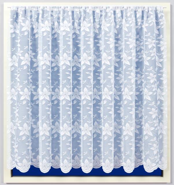 White Net Curtain/Lace Curtain - 1942 Beautiful Floral Pattern With Scalloped Border, Sold By The Metre in Width - Offers Lots Of Privacy - image 1