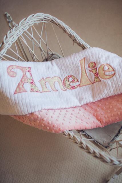 Monogrammed Baby Blanket in Shabby Chic, Pink Minky & White Chenille, Personalized With Your Girl's First Name Vintage Florals - image 1