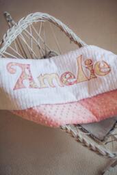 Monogrammed Baby Blanket in Shabby Chic, Pink Minky & White Chenille, Personalized With Your Girl's First Name Vintage Florals - thumbnail 1