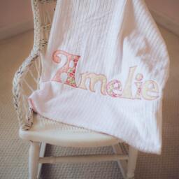 Monogrammed Baby Blanket in Shabby Chic, Pink Minky & White Chenille, Personalized With Your Girl's First Name Vintage Florals - thumbnail 3