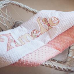 Monogrammed Baby Blanket in Shabby Chic, Pink Minky & White Chenille, Personalized With Your Girl's First Name Vintage Florals - thumbnail 2