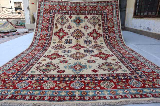 6x9 Ft Creamy Color Afghan Luxury Area Rug, Kazak Hand Knotted Rug, Medallion Geometric Home Decorative Rug - image 1