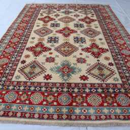 6x9 Ft Creamy Color Afghan Luxury Area Rug, Kazak Hand Knotted Rug, Medallion Geometric Home Decorative Rug - thumbnail 2