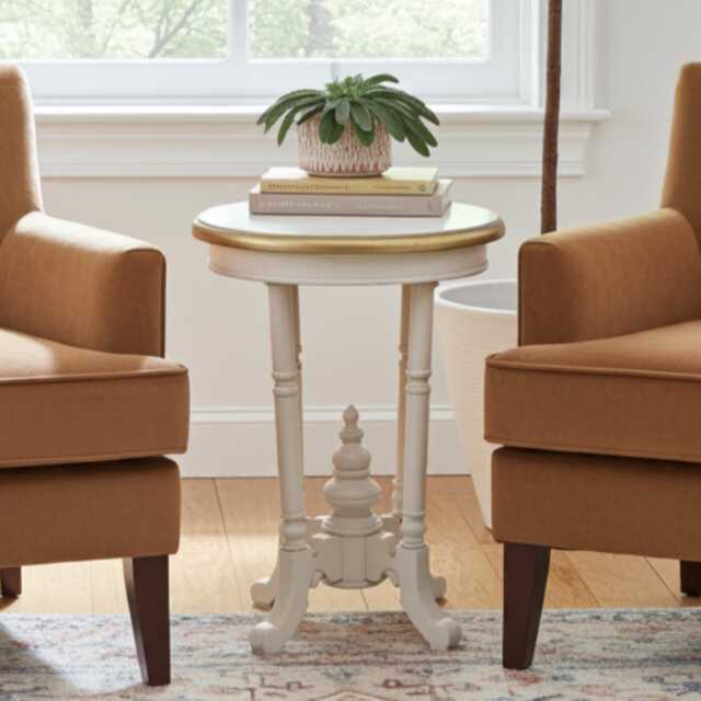 Round Lamp Occasional, Side Table - Finished in Antique White With Gold Metal Leaf Rim - image 1