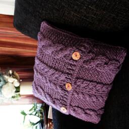 Handknitted Cable Knit Pillow Cover Purple Accent With Wooden Buttons - 18x18 - thumbnail 3