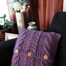 Handknitted Cable Knit Pillow Cover Purple Accent With Wooden Buttons - 18x18 - thumbnail 2