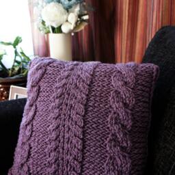 Handknitted Cable Knit Pillow Cover Purple Accent With Wooden Buttons - 18x18 - thumbnail 4