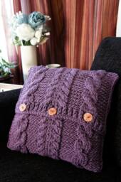 Handknitted Cable Knit Pillow Cover Purple Accent With Wooden Buttons - 18x18