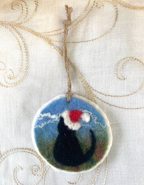 Cat Dog Christmas Tree Decoration With Xmas Hat Folk Art Handmade Felt - image 1