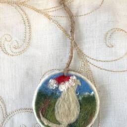 Cat Dog Christmas Tree Decoration With Xmas Hat Folk Art Handmade Felt - thumbnail 2