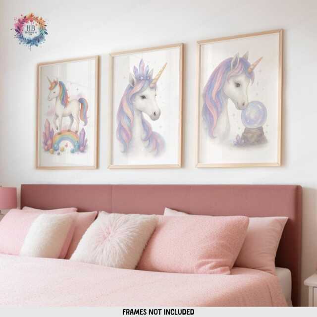 Girls Unicorn Prints - Set Of 3 - Girl Bedroom Decor Rainbow Unicorns Wall Art Print - image 1