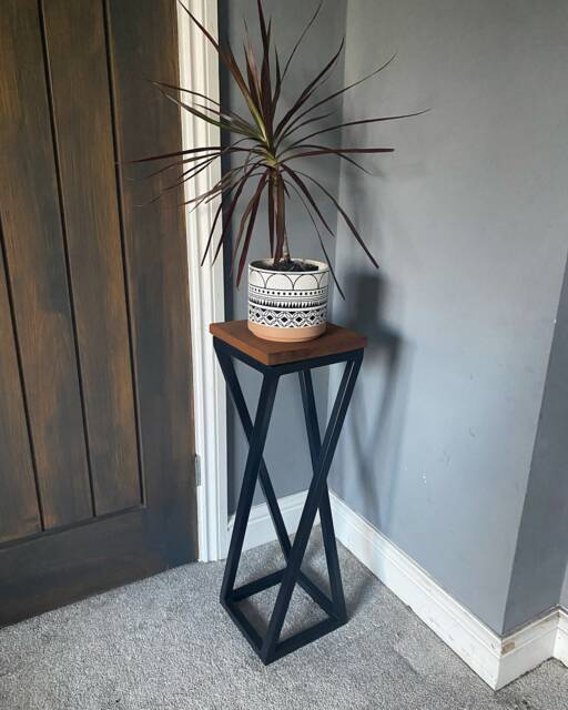 Geometric Plant Stand Table, Metal & Wood, Modern Decor - image 1